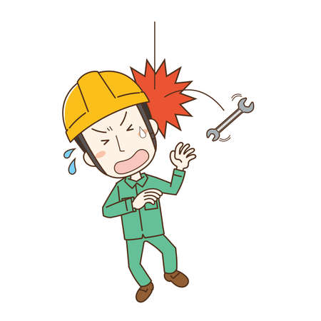 a worker who is injured when a fallen tool hits his headのイラスト素材