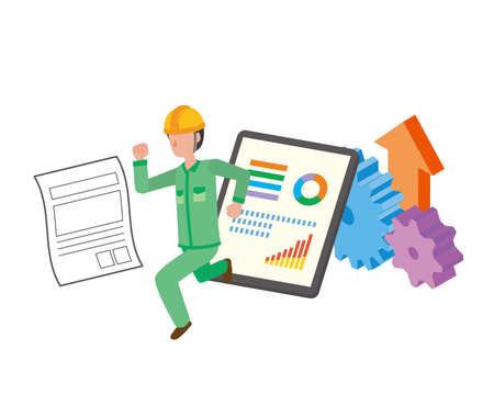 Illustration of factory worker moving from paper to digital for er efficiencyのイラスト素材
