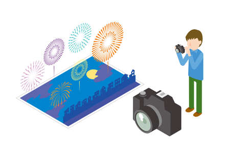 Man taking pictures of fireworksのイラスト素材