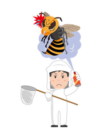 Exterminator man spraying wasps with insecticidal sprayのイラスト素材
