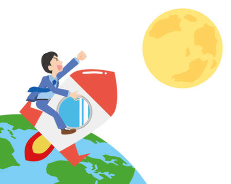 Male office worker heading to the moon aboard a rocketのイラスト素材
