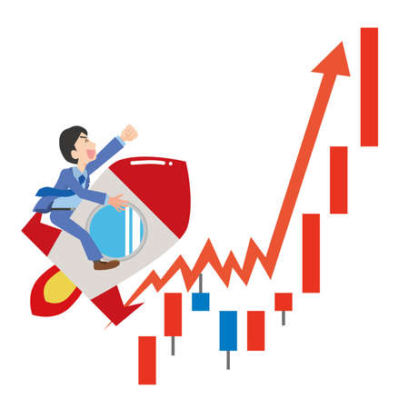 Rising stock price with male company employee flying on rocketのイラスト素材