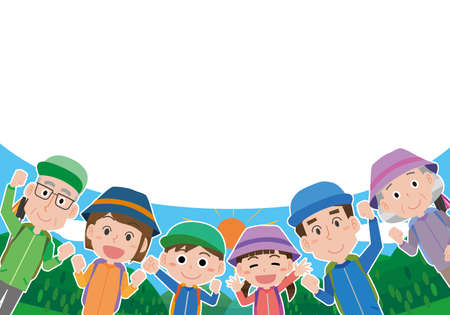 Frame illustration of a family enjoying outdoor activities and mountain climbingのイラスト素材
