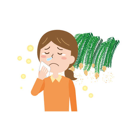 Woman suffering from cedar pollen pollinosisのイラスト素材