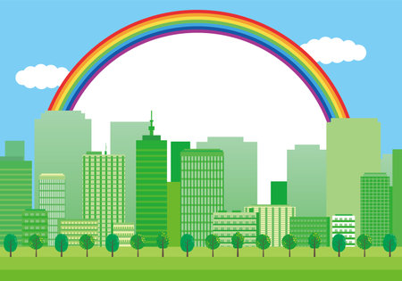 Green cityscape with rainbowのイラスト素材