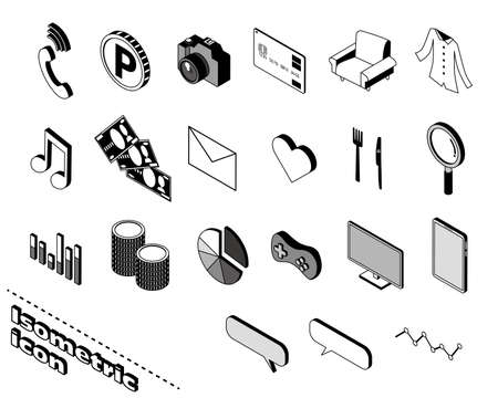 Various black and white three-dimensional iconsのイラスト素材