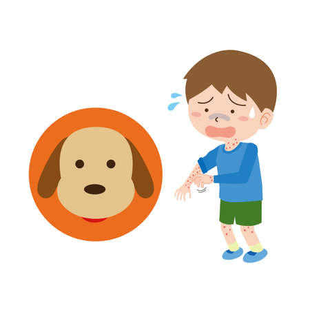 A boy who has hives due to dog allergiesのイラスト素材