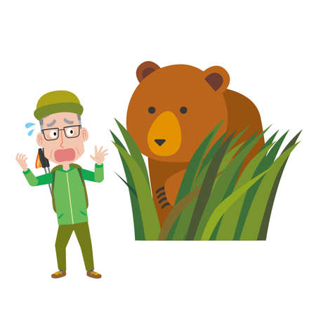 Elderly man encounters brown bear while climbingのイラスト素材