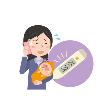 a woman whose baby has a fever and contactsのイラスト素材