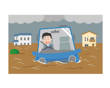 Illustration of a sinking car and a man who is impatientのイラスト素材
