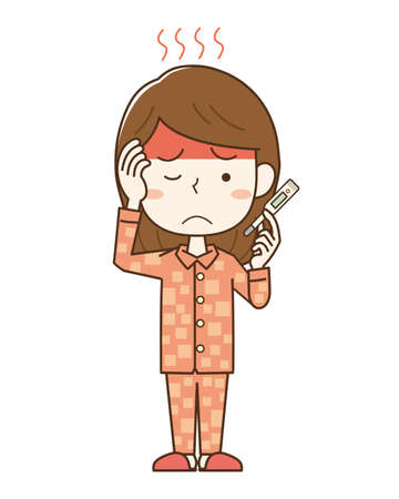 Woman with fever and thermometer to confirmのイラスト素材