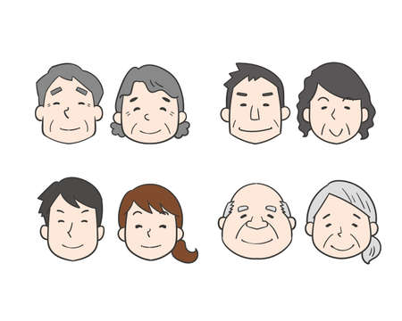 Set illustration of the faces of married couples of various agesのイラスト素材