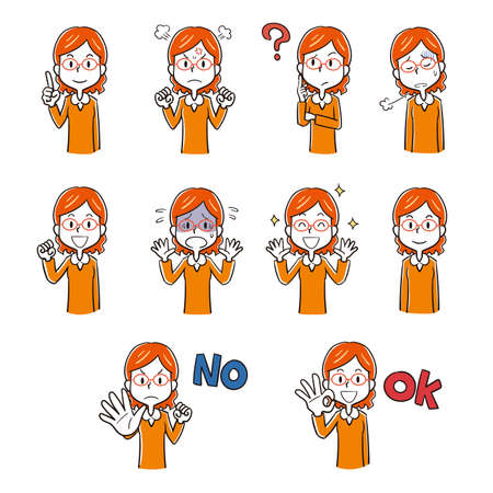 Woman's pose expression illustration set 2 wearing glassesのイラスト素材