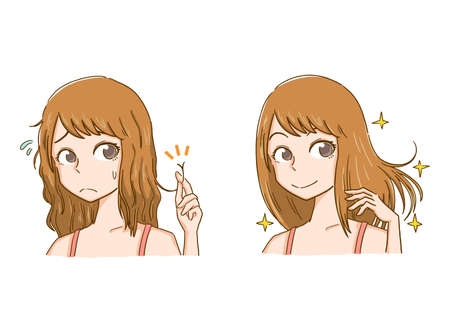 Woman with hair damaged and woman with beautiful hairのイラスト素材