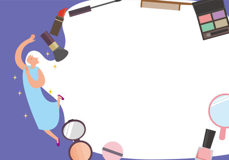 Illustration of makeup tools and woman with copy spaceのイラスト素材