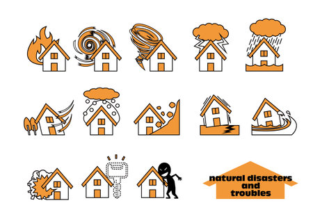 Natural disaster housing damage and trouble icon setのイラスト素材