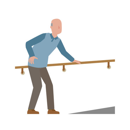 An elderly man walking up a slope holding onto a handrailのイラスト素材