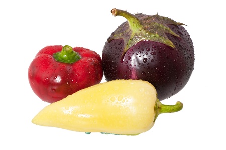 pepper and eggplant on a white backgroundの写真素材