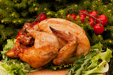 Baked turkey with cherry tomatoes on a Christmas background. Natural food cooked on the grill.の写真素材