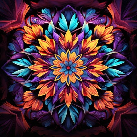 Multicolored symmetrical fractal flower. Computer generated graphics.の素材