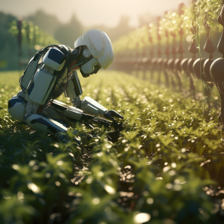 Robot working in the garden. Artificial intelligence concept. 3D Renderingの素材