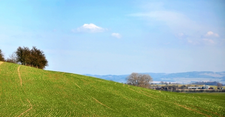 beautiful panorama of field landscape in springの写真素材