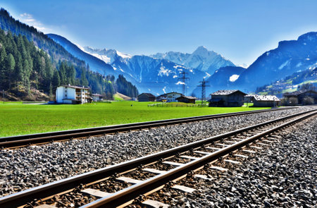 beautiful scenery of alps railway and train