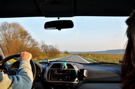 ON ROAD, THE CZECH REP., APRIL 11, 2009: on road inside of car somewhereのeditorial素材