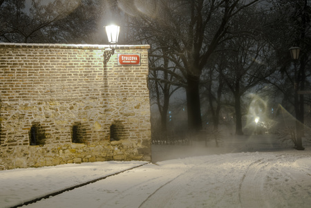 Beautiful scenery of night Prague streets in snowy winterのeditorial素材