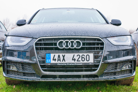PRAGUE, THE CZECH REPUBLIC, 18.12.2016 - Front view of new car Audi parked in front of Audi dealership.のeditorial素材