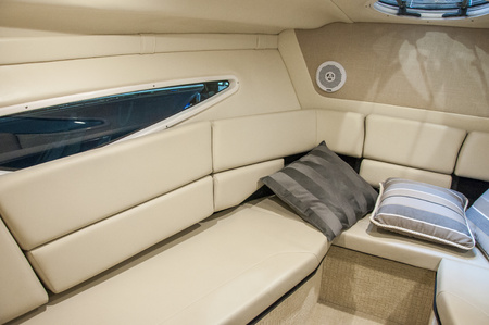Interior of luxury yacht. Yacht cabin from leather material.の写真素材