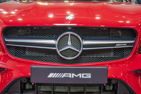 PRAGUE, THE CZECH REP., OCTOBER 20, 2017: Mercedes Benz E class, AMG. Closeup of red brand new Mercedes Benzのeditorial素材