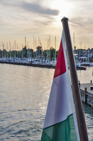 Boat rear view on sea. Sunset and rear view from yacht.の写真素材