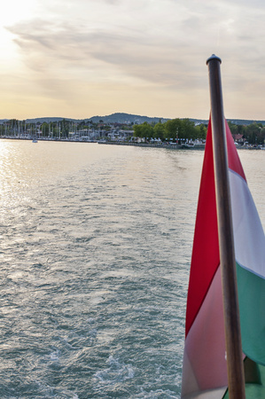 Boat rear view on sea. Sunset and rear view from yacht.の写真素材