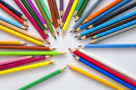 Colored pencils on isolated background. Closeup of colored pencils with a lot of colors.の写真素材