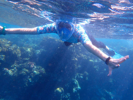 Woman snorkeling in coral reef at tropical sea, underwater viewの写真素材