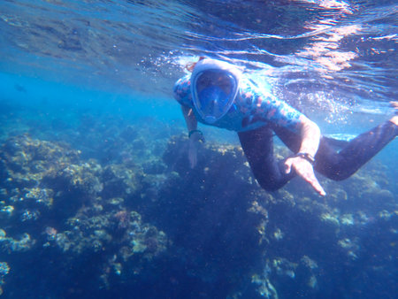 Young woman snorkeling in clear blue water of tropical seaの写真素材