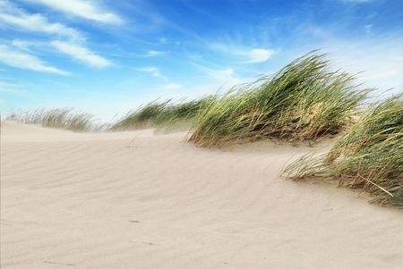 White clouds on blue sky over dunesの写真素材