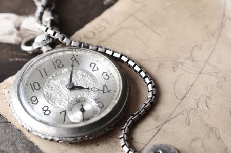 very old watch on the grungde post card and photo