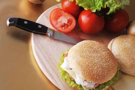 sandwich with  cutlet and vegetables lies on  plateの写真素材
