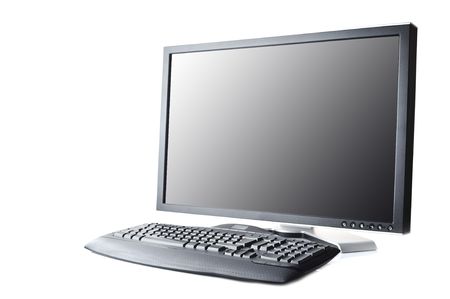 black monitor and keyboard on white background