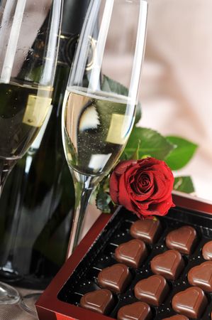  Heart shape chocolate, champagne  and red rose の写真素材