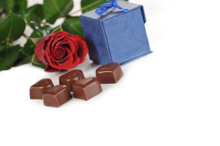  Heart shape chocolate, rose and  gifts in box close-upの写真素材