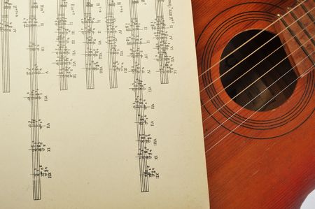 Old acoustic guitar and sheet musicの写真素材