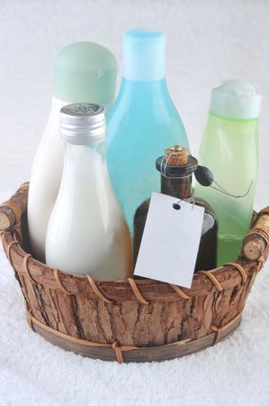 different cosmetic  for  body accessory in basket close upの写真素材