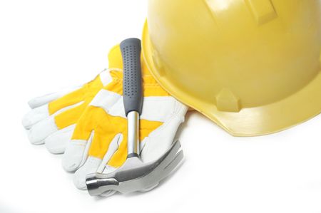 hammer, gloves and helmet isolatedの写真素材