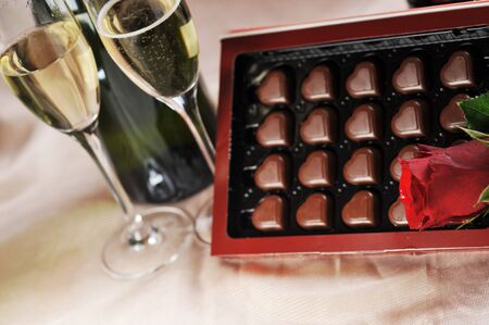  Heart shape chocolate, champagne  and red rose の写真素材