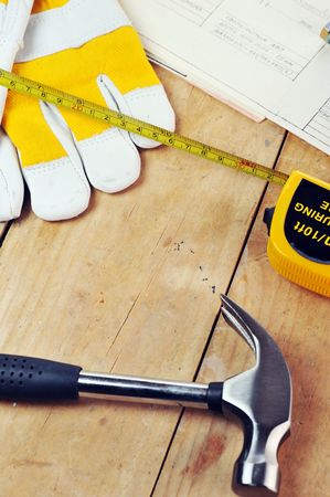 metal  hammer ,gloves and drawingsの写真素材