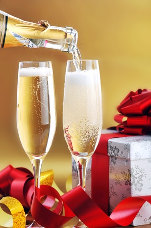 Champagne glasses on  celebratory tableの写真素材