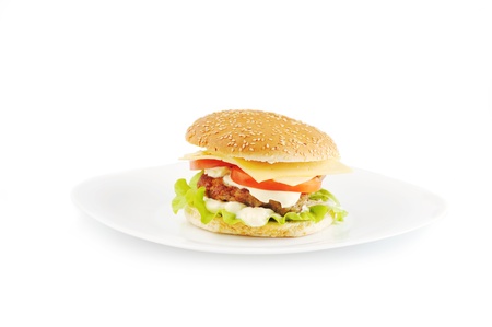 hamburger and vegetables on whiteの写真素材